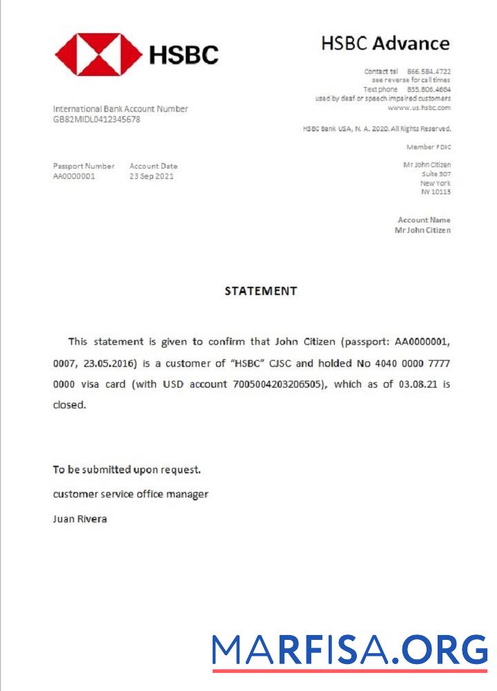 Blank USA HSBC closure reference real example